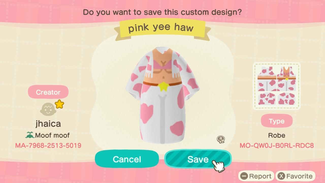Animal Crossing Design Code: MO-QW0J-B0RL-RDC8 Pink Yee Haw S2/3