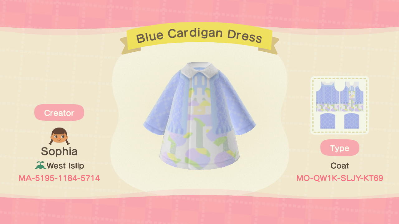 Animal Crossing Design Code: MO-QW1K-SLJY-KT69 Blue Cardigan Dress