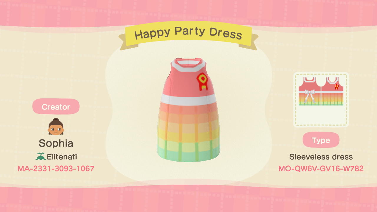 Animal Crossing Design Code: MO-QW6V-GV16-W782 Happy Party Dress