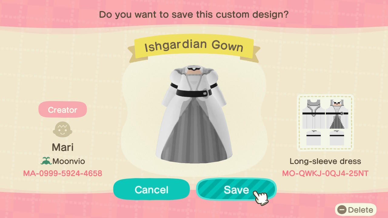 Animal Crossing Design Code: MO-QWKJ-0QJ4-25NT Ishgardian Gown