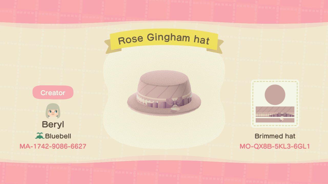 Animal Crossing Design Code: MO-QX8B-K5L3-6GL1 Rose Gingham Hat