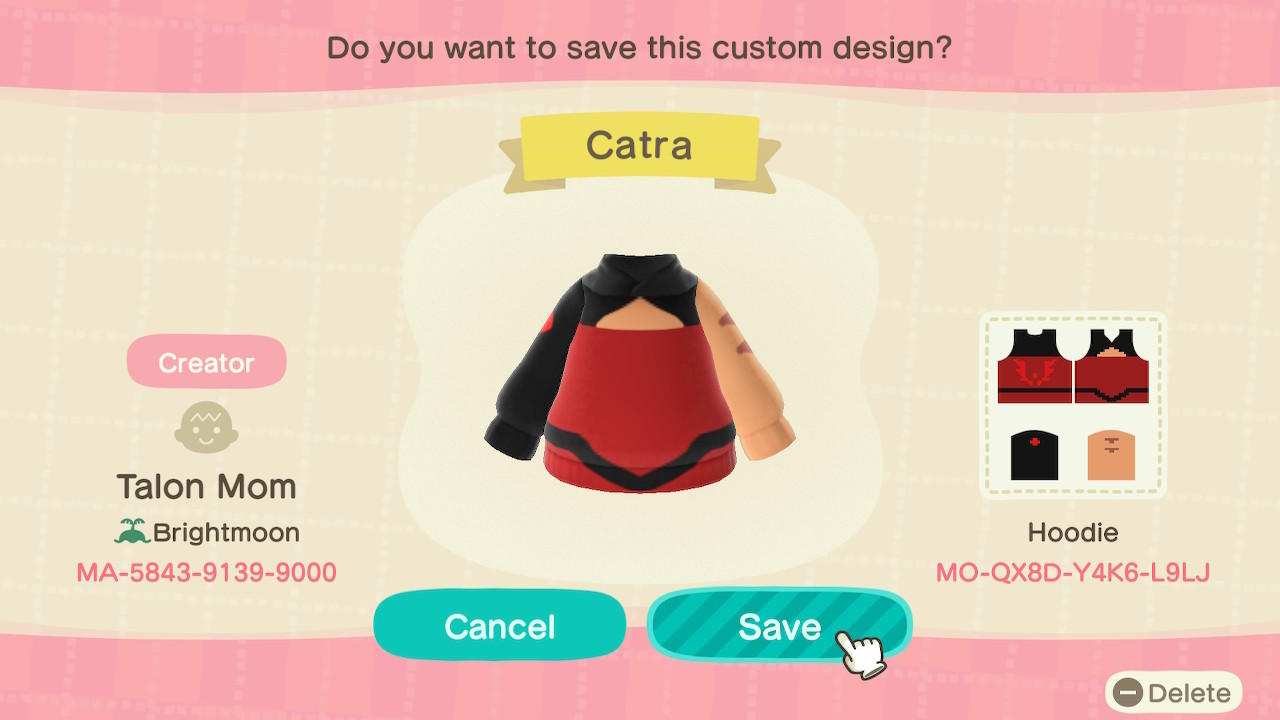 Animal Crossing Design Code: MO-QX8D-Y4K6-L9LJ Catra