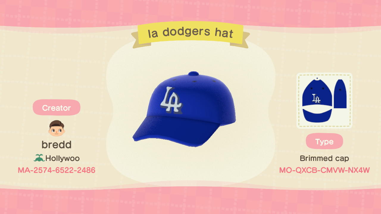 Animal Crossing Design Code: MO-QXCB-CMVW-NX4W la dodgers hat