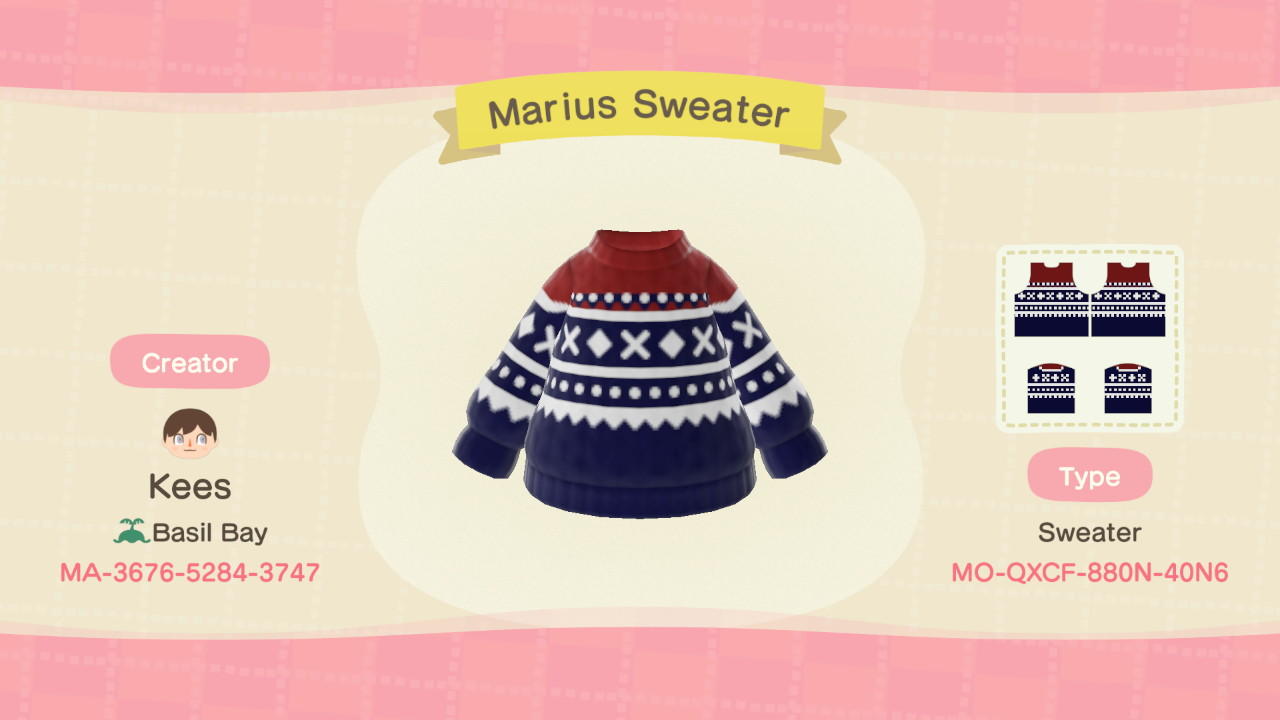 Animal Crossing Design Code: MO-QXCF-880N-40N6 Marius Sweater