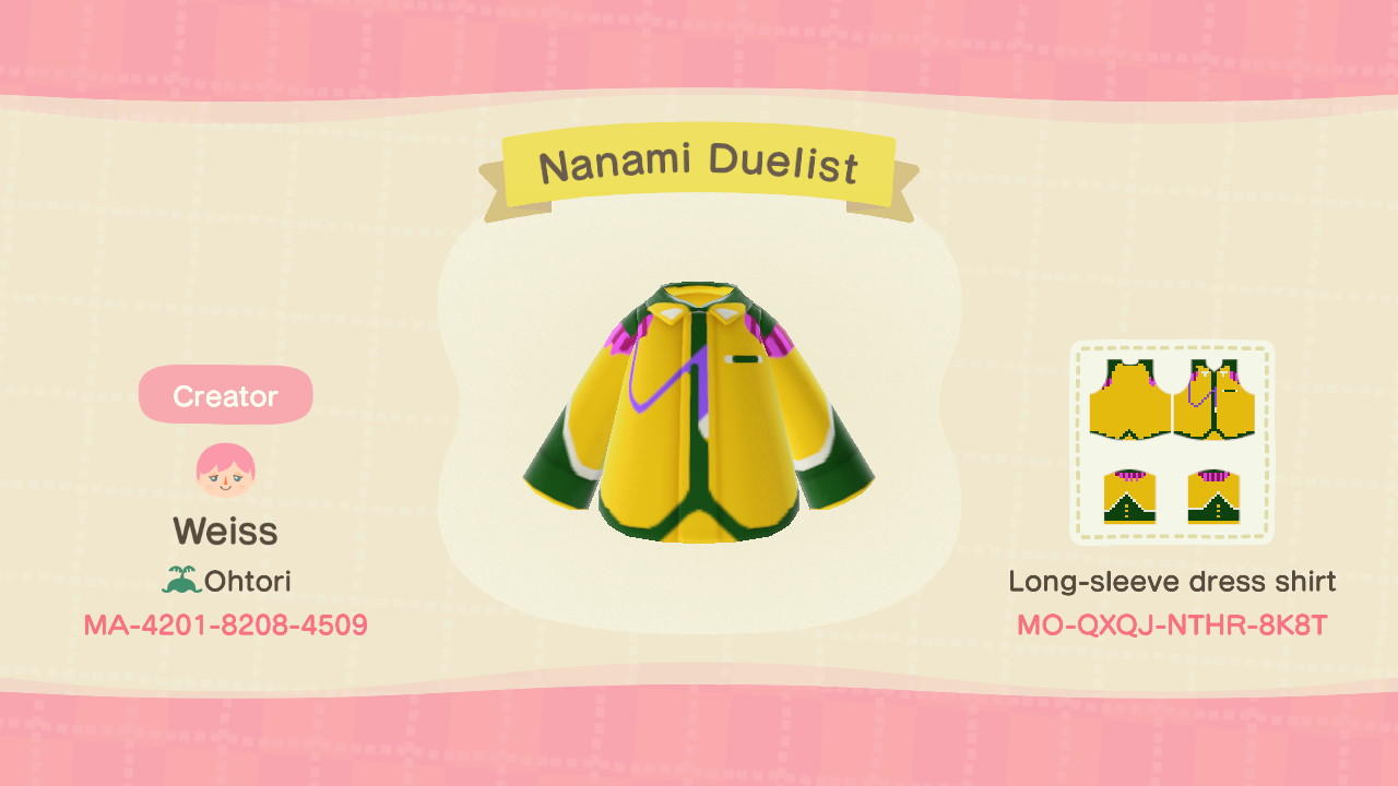 Animal Crossing Design Code: MO-QXQJ-NTHR-8K8T Nanami Duelist