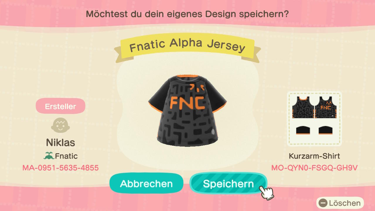 Animal Crossing Design Code: MO-QYN0-FSGQ-GH9V Fnatic Alpha Jersey