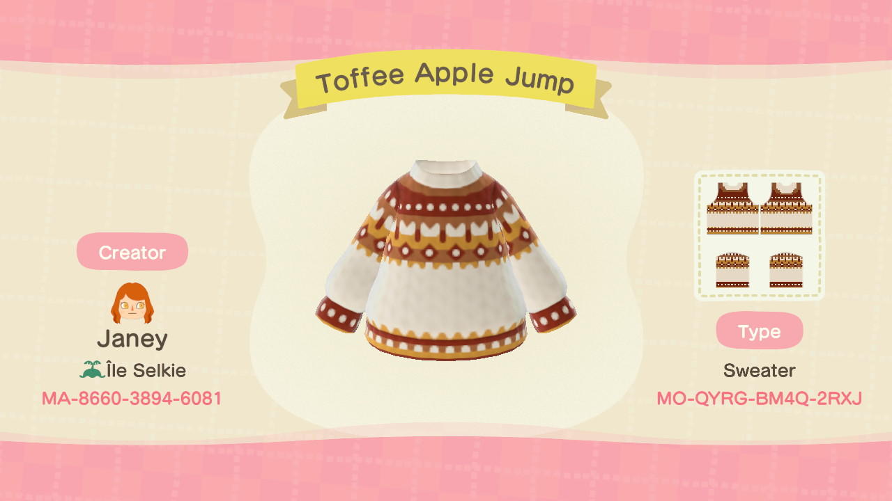 Animal Crossing Design Code: MO-QYRG-BM4Q-2RXJ Toffee Apple Jumper