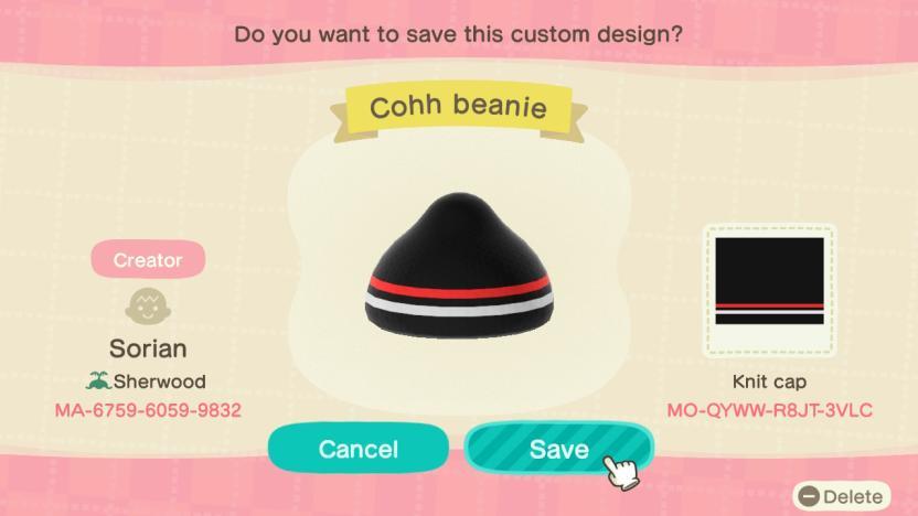 Animal Crossing Design Code: MO-QYWW-R8JT-3VLC Cohh Beanie