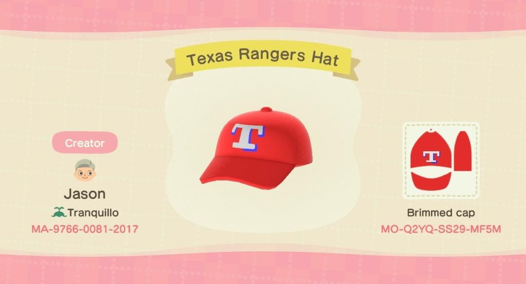 Animal Crossing Design Code: MO-QZYQ-SS29-MF5M Texas Rangers Hat