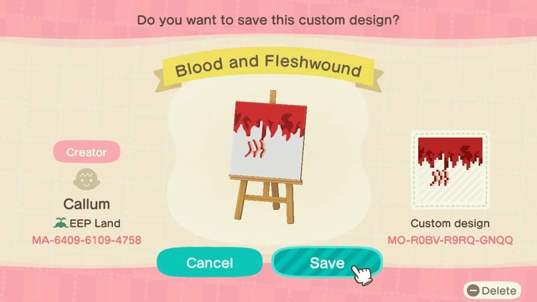 Animal Crossing Design Code: MO-R0BV-R9RQ-GNQQ Blood and Fleshwound