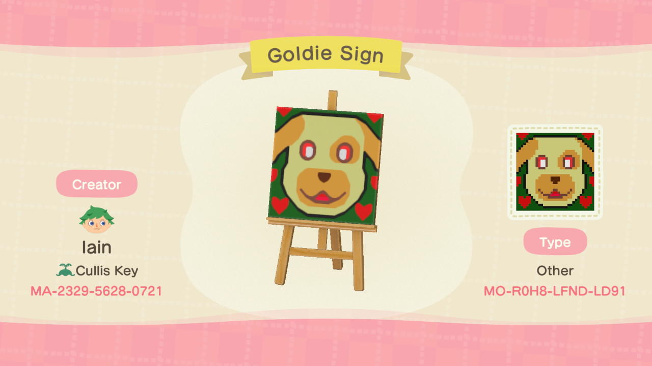 Animal Crossing Design Code: MO-R0H8-LFND-LD91 Goldie Sign