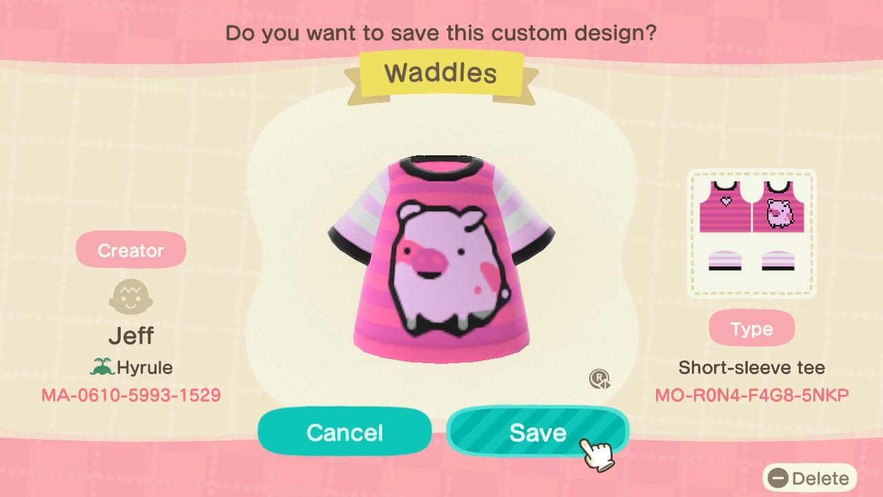 Animal Crossing Design Code: MO-R0N4-F4G8-5NKP Waddles