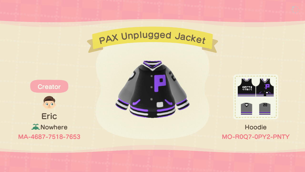Animal Crossing Design Code: MO-R0Q7-0PY2-PNTY PAX Unplugged Jacket