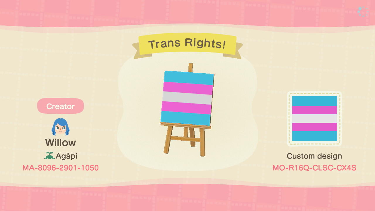 Animal Crossing Design Code: MO-R16Q-CLSC-CX4S Trans Rights!