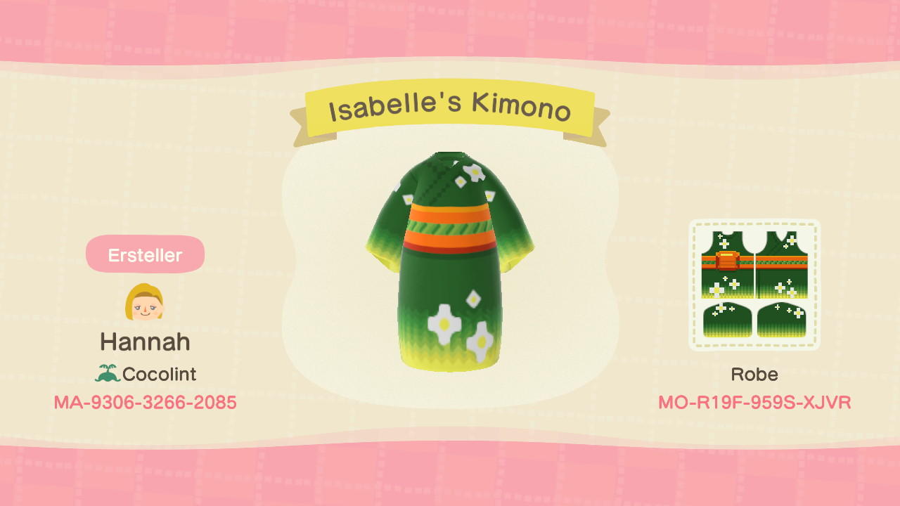 Animal Crossing Design Code: MO-R19F-959S-XJVR Isabelles Kimono
