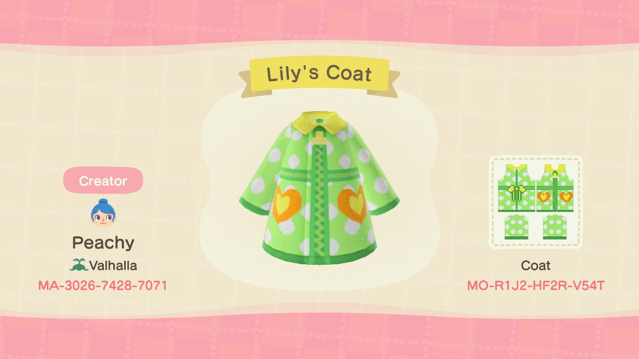 Animal Crossing Design Code: MO-R1J2-HF2R-V54T Lily&#39;s Coat
