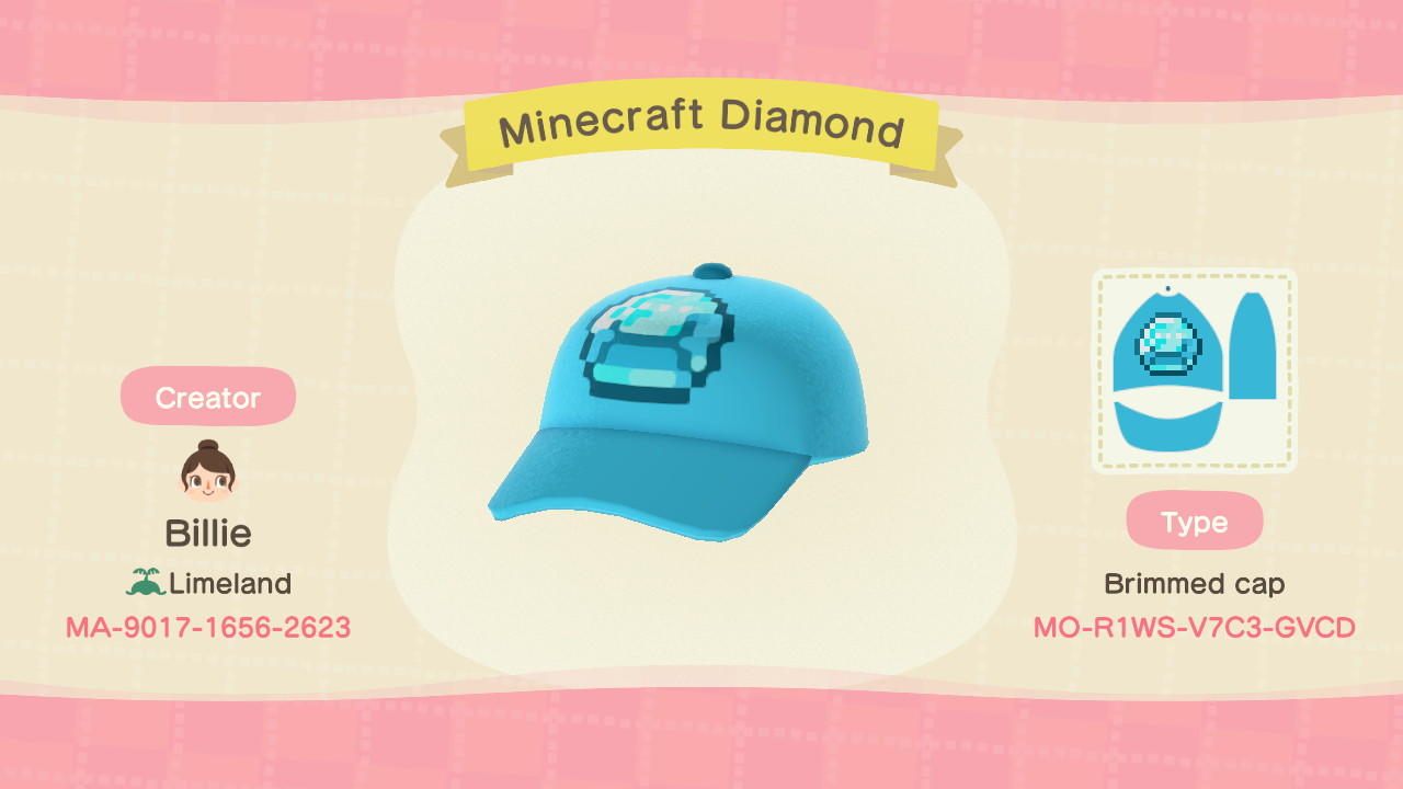 Animal Crossing Design Code: MO-R1WS-V7C3-GVCD Minecraft Diamond