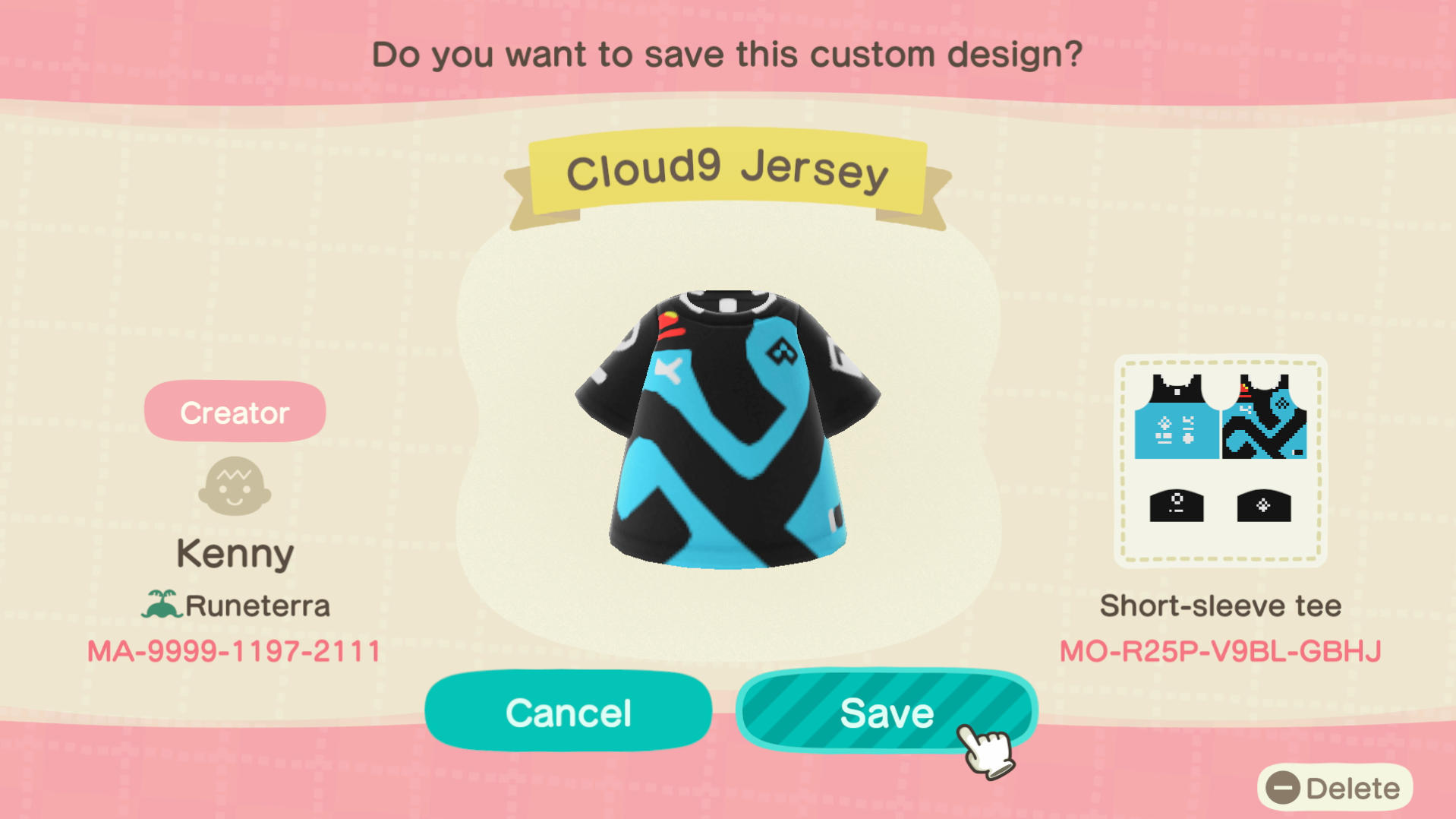 Animal Crossing Design Code: MO-R25P-V9BL-GBHJ Cloud9 Jersey