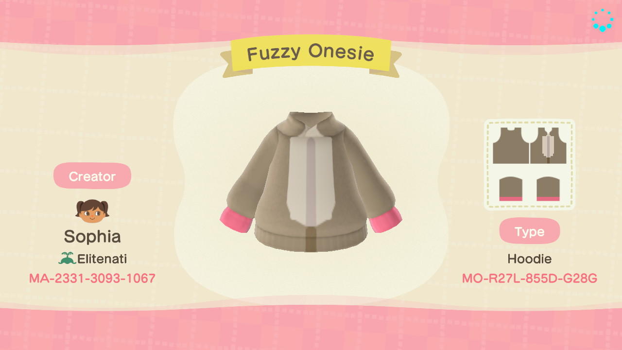 Animal Crossing Design Code: MO-R27L-855D-G28G Fuzzy Onesie
