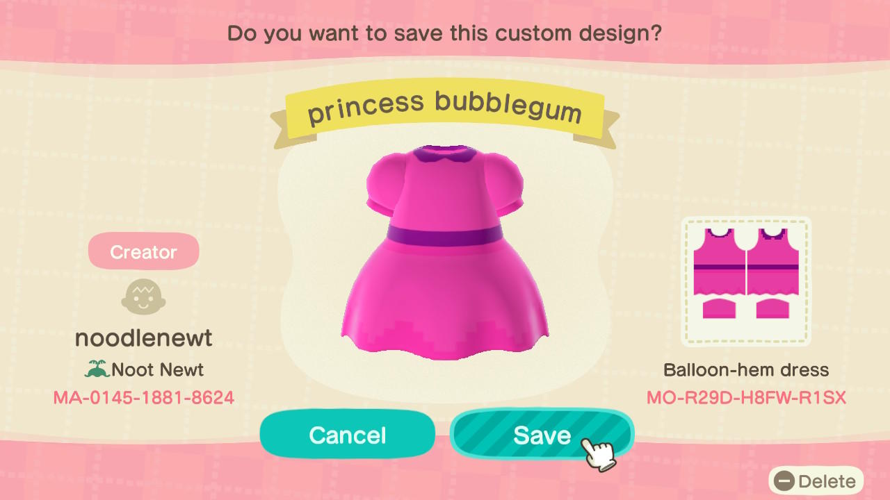 Animal Crossing Design Code: MO-R29D-H8FW-R1SX Princess Bubblegum