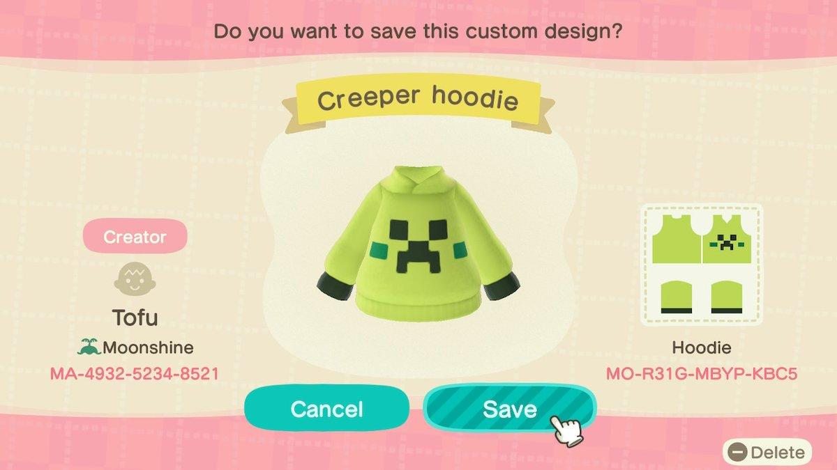 Animal Crossing Design Code: MO-R31G-MBYP-KBC5 Creeper hoodie