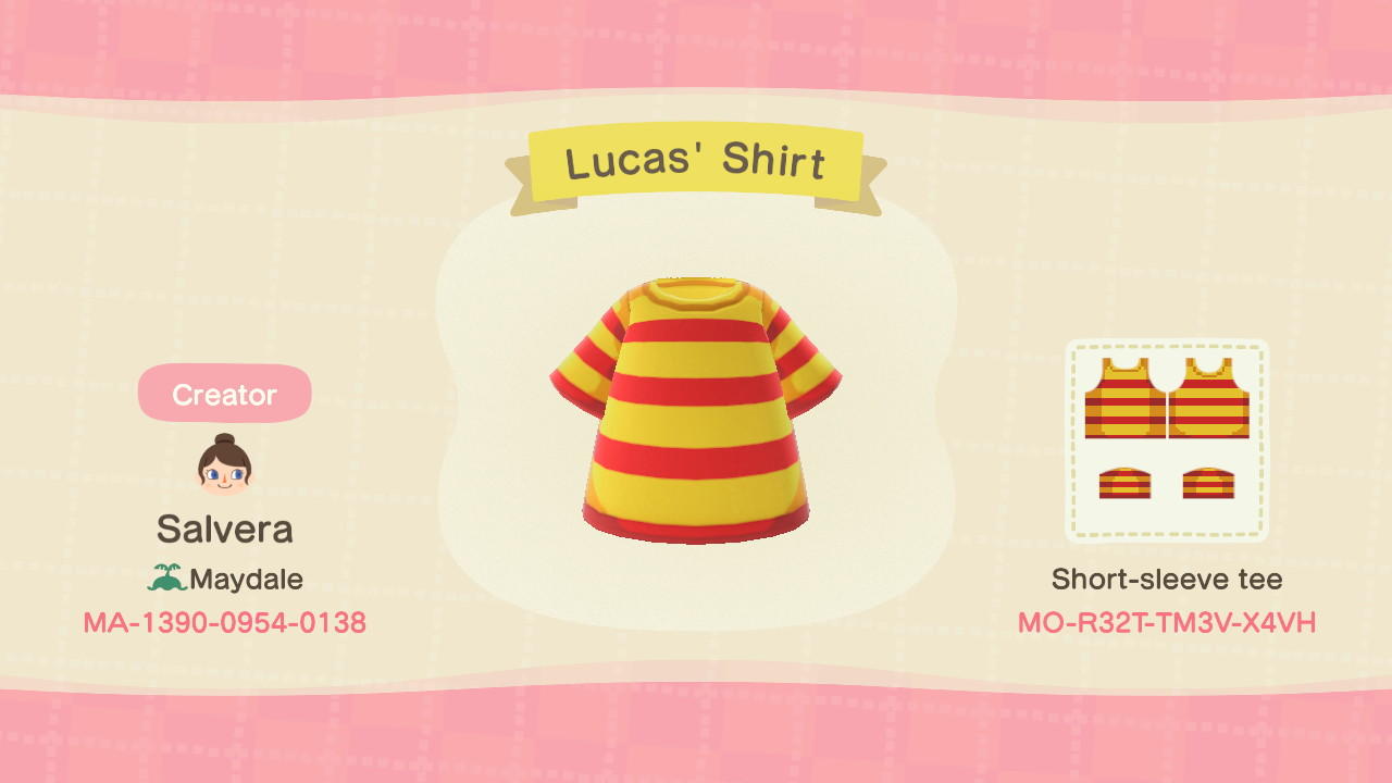 Animal Crossing Design Code: MO-R32T-TM3V-X4VH Lucas&#39;s Shirt
