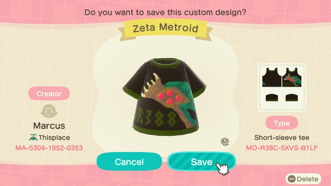 Animal Crossing Design Code: MO-R38C-5XVS-B1LF Zeta Metroid