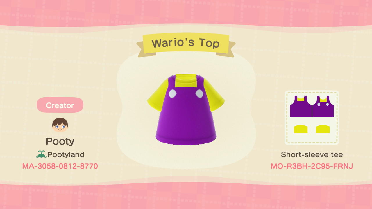 Animal Crossing Design Code: MO-R3BH-2C95-FRNJ Wario&#39;s Top