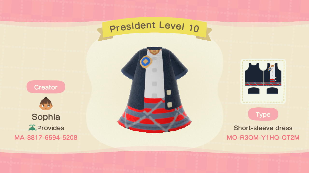 Animal Crossing Design Code: MO-R3QM-Y1HQ-QT2M President Level 10