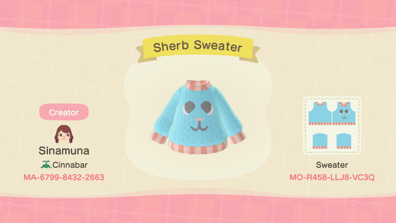 Animal Crossing Design Code: MO-R458-LLJ8-VC3Q Sherb Sweater
