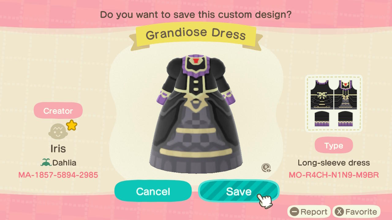 Animal Crossing Design Code: MO-R4CH-N1N9-M9BR Grandiose Dress