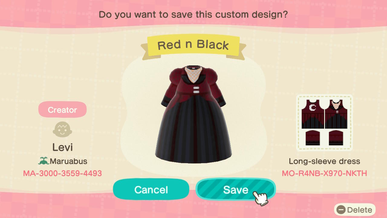 Animal Crossing Design Code: MO-R4NB-X970-NKTH Red n Black Dress
