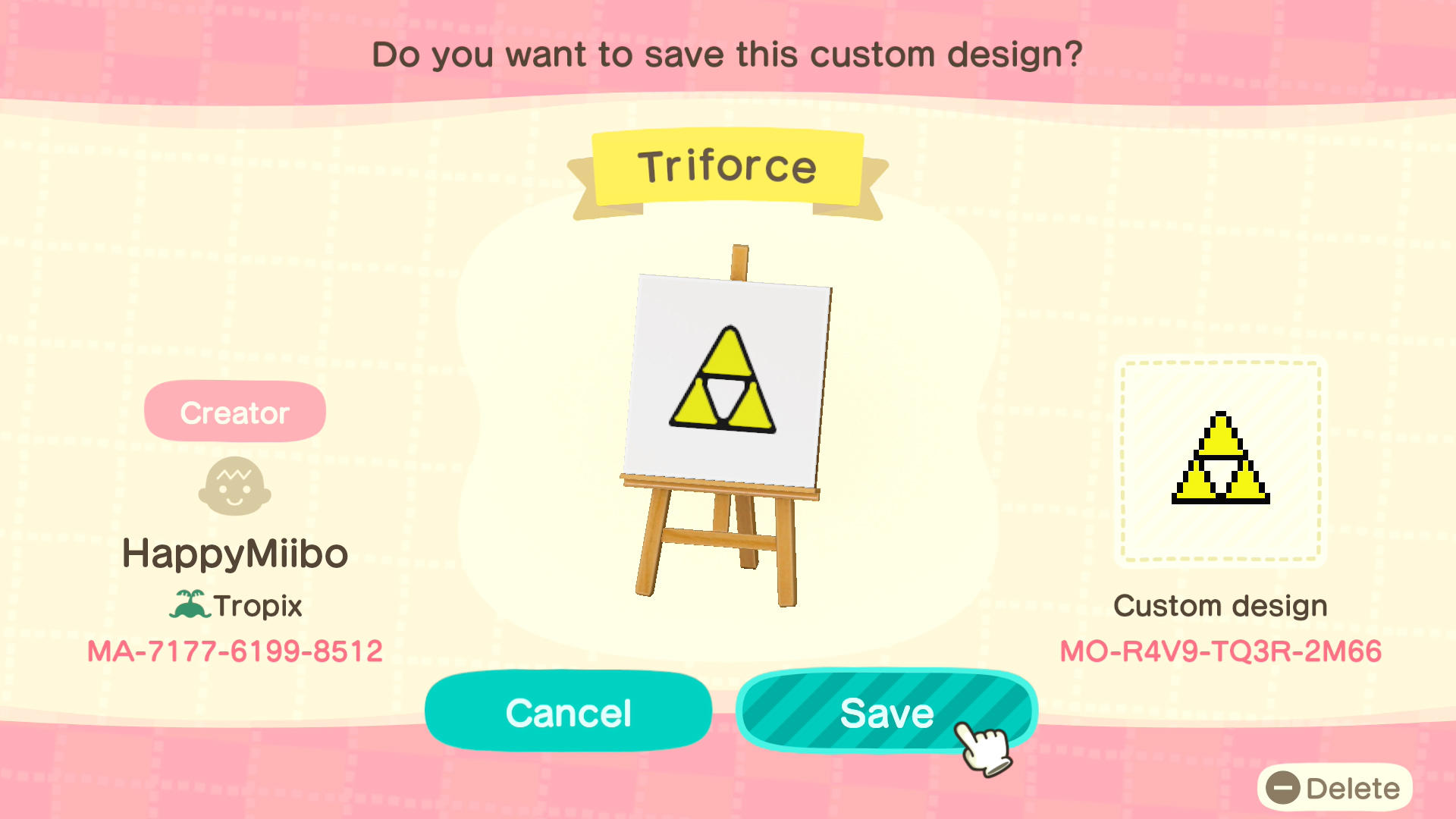 Animal Crossing Design Code: MO-R4V9-TQ3R-2M66 Triforce