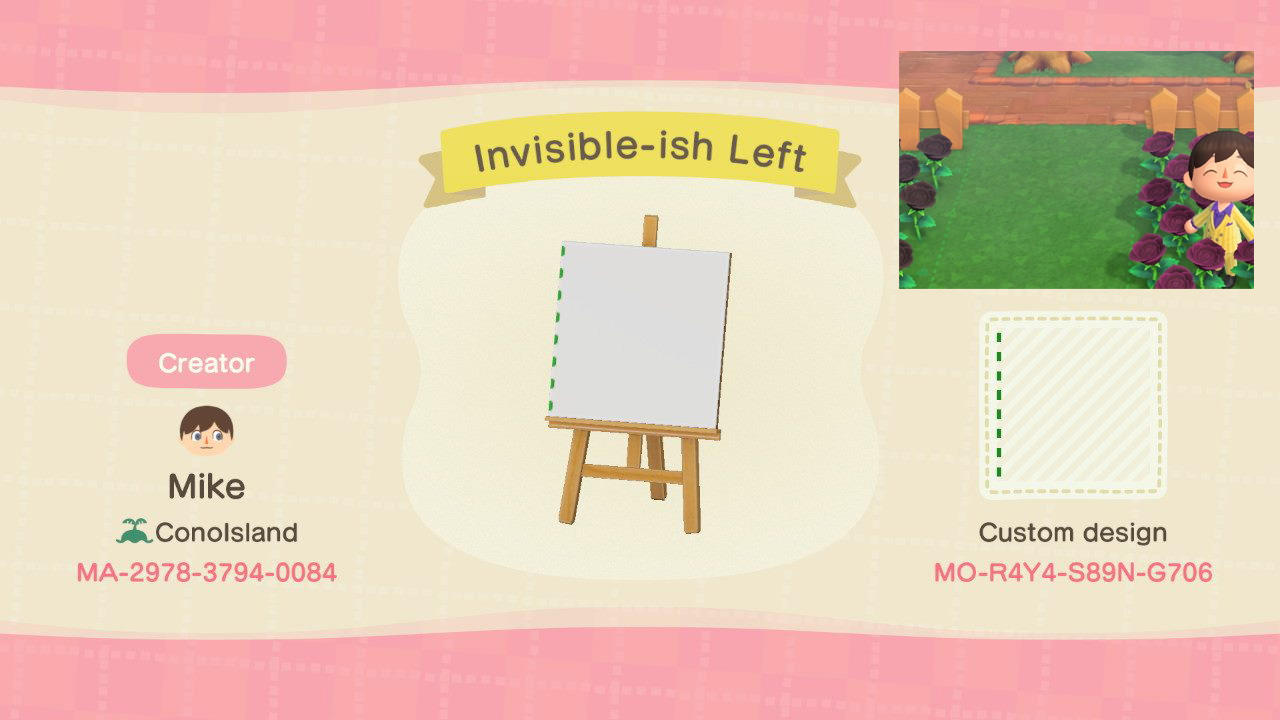 Animal Crossing Design Code: MO-R4Y4-S89N-G706 Invisible-ish Left