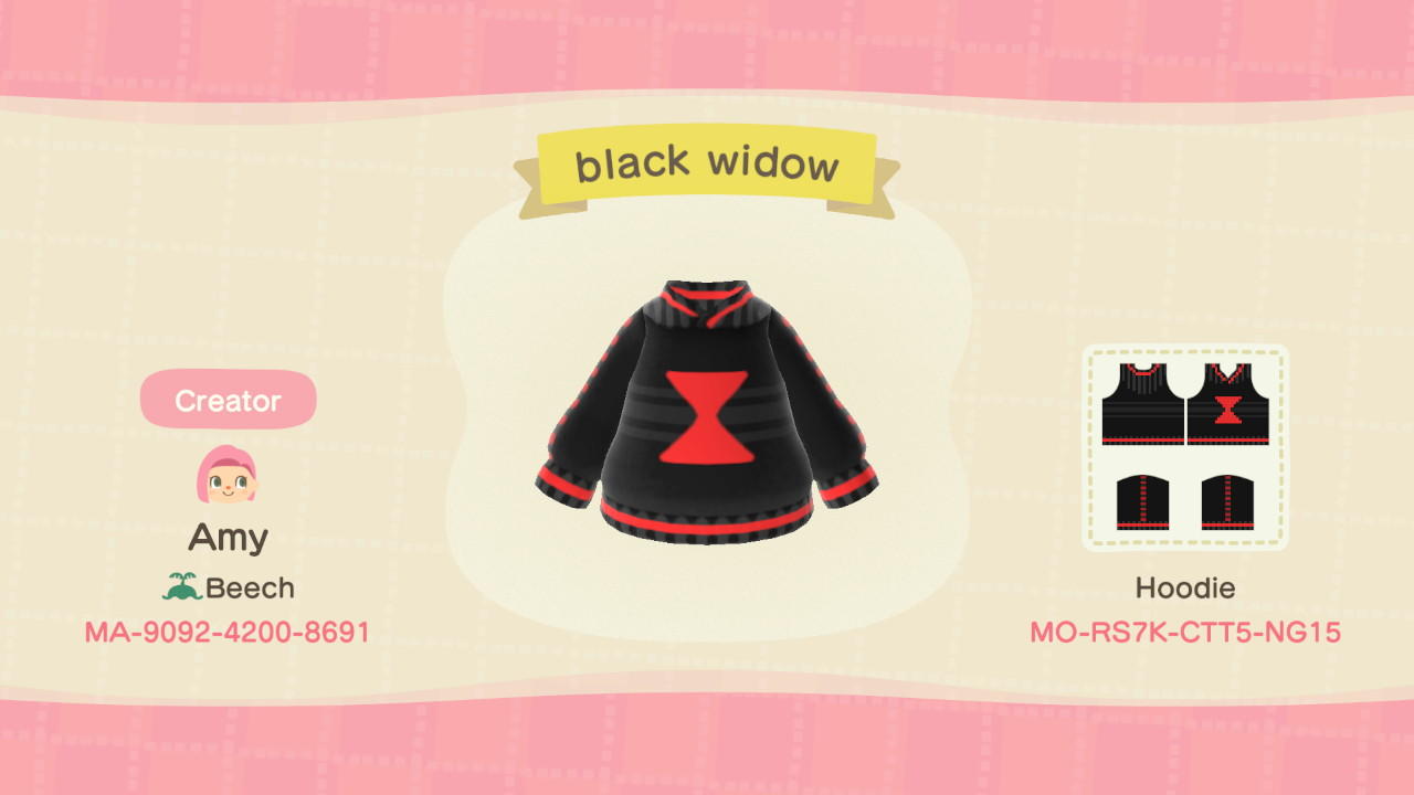 Animal Crossing Design Code: MO-R57K-CTT5-NG15 Black Widow Hoodie