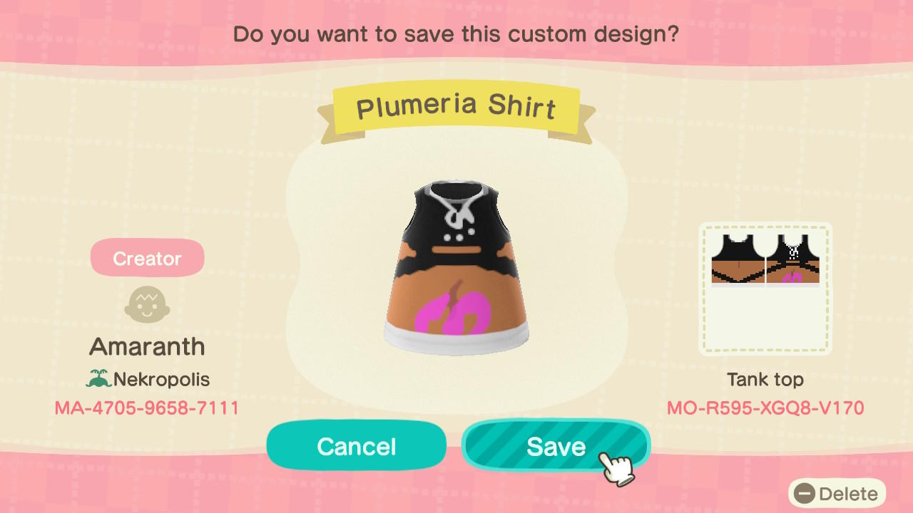 Animal Crossing Design Code: MO-R595-XGQ8-V170 Plumeria Shirt