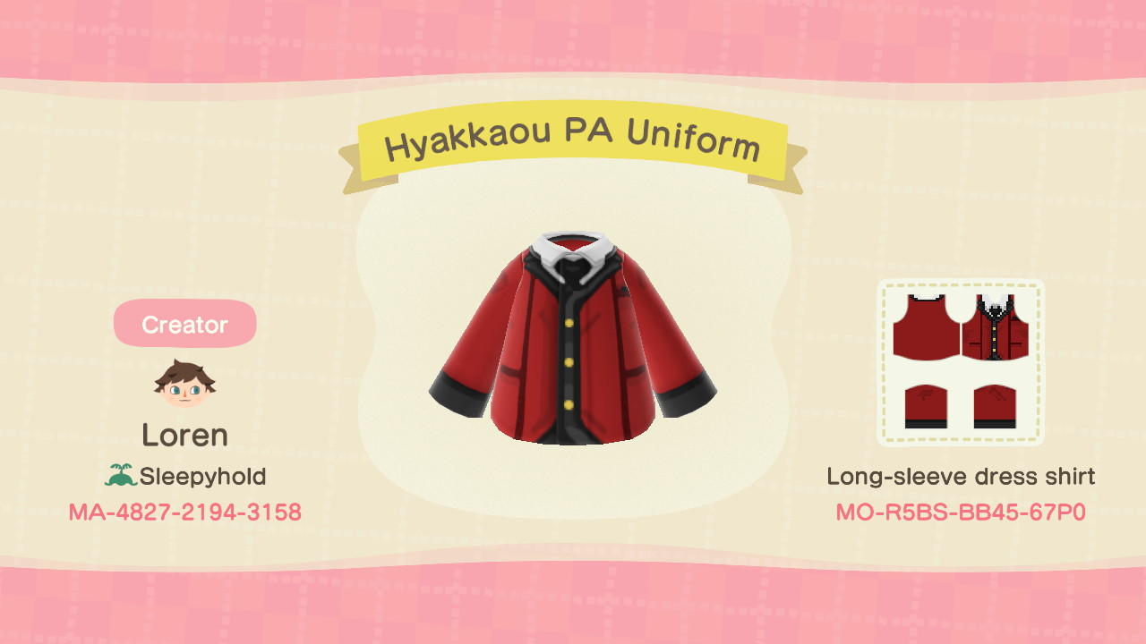 Animal Crossing Design Code: MO-R5BS-BB45-67P0 Hyakkaou PA Uniform