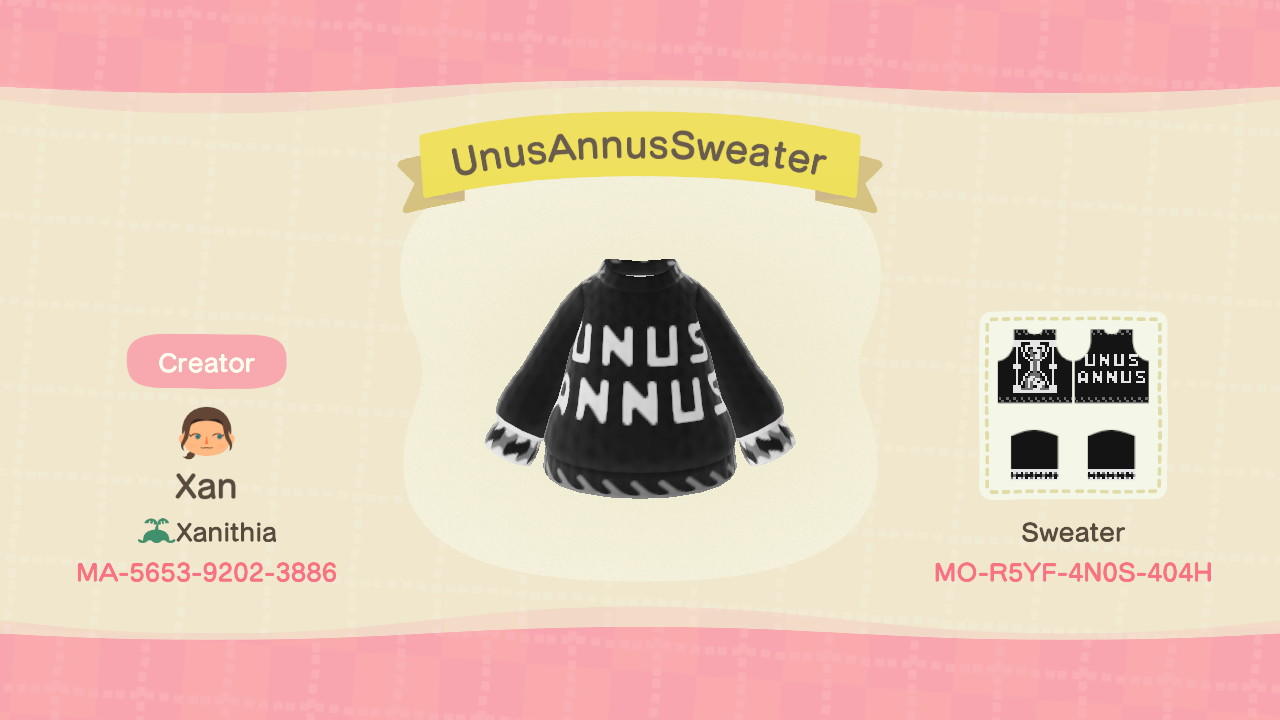 Animal Crossing Design Code: MO-R5YF-4N0S-404H Unus Annus Sweater