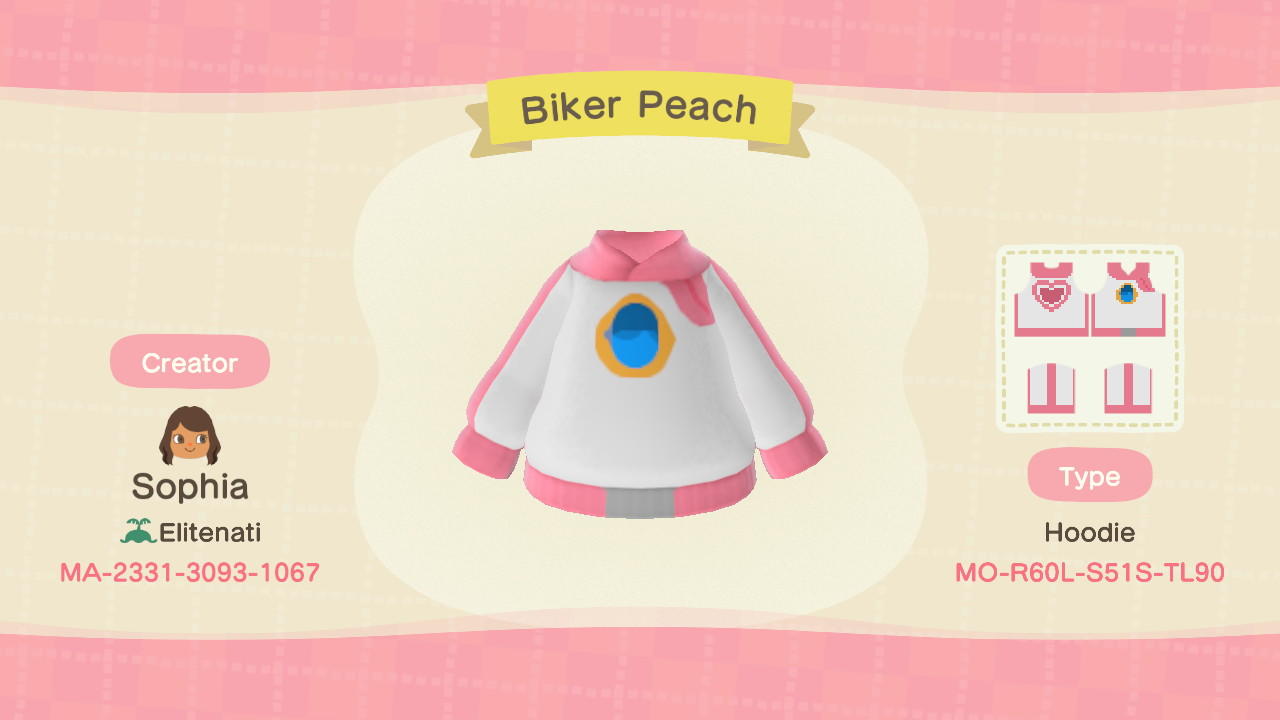 Animal Crossing Design Code: MO-R60L-S51S-TL90 Biker Peach