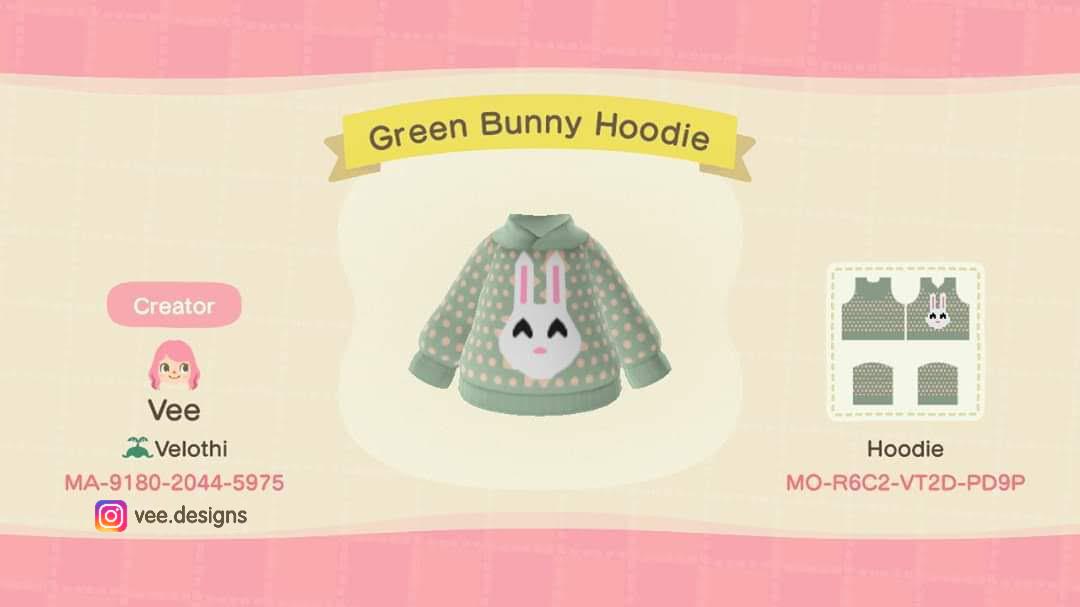 Animal Crossing Design Code: MO-R6C2-VT2D-PD9P Green Bunny Hoodie