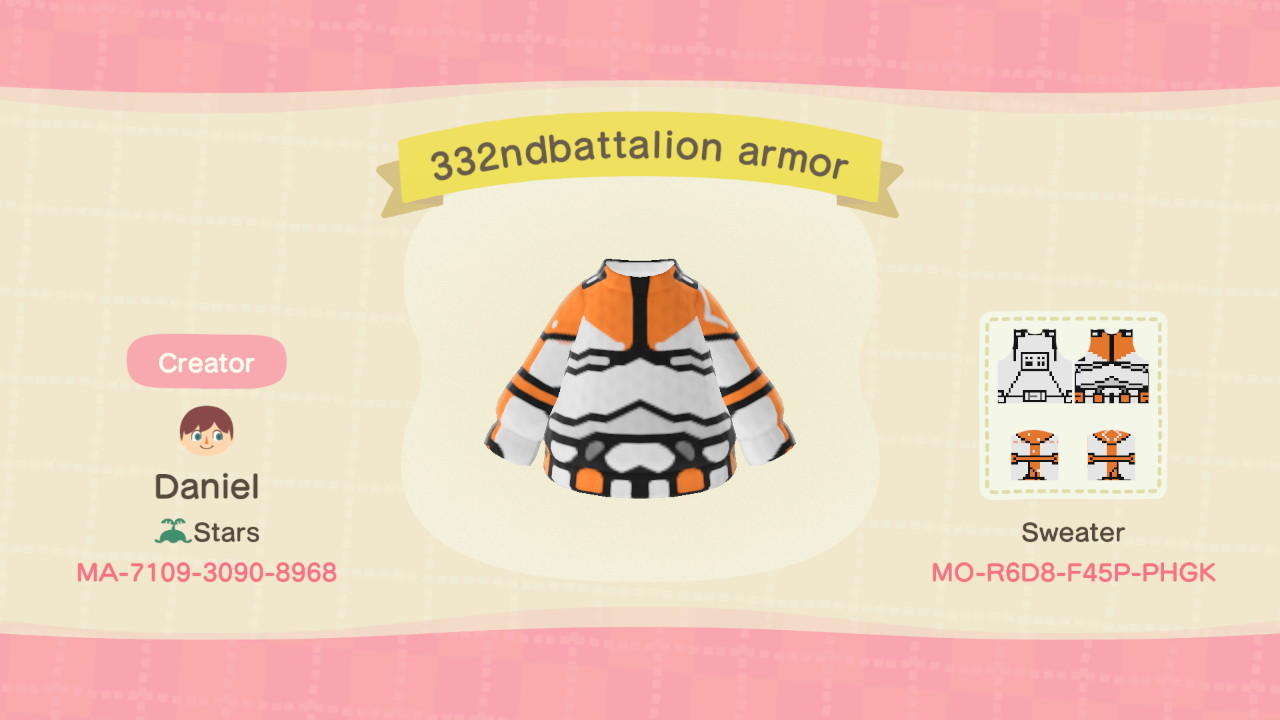 Animal Crossing Design Code: MO-R6D8-F45P-PHGK 332ndbattalion armor
