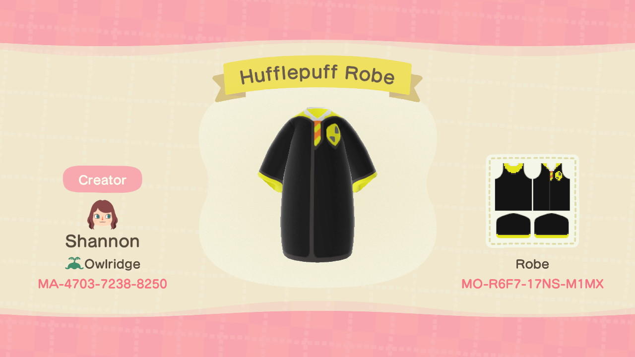 Animal Crossing Design Code: MO-R6F7-17NS-M1MX Hufflepuff Robe