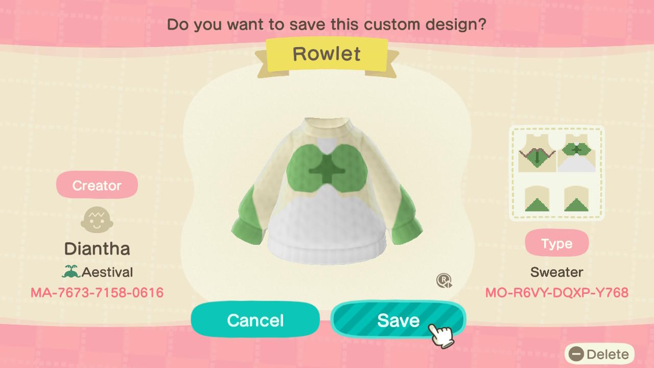 Animal Crossing Design Code: MO-R6VY-DQXP-Y768 Rowlet Sweater