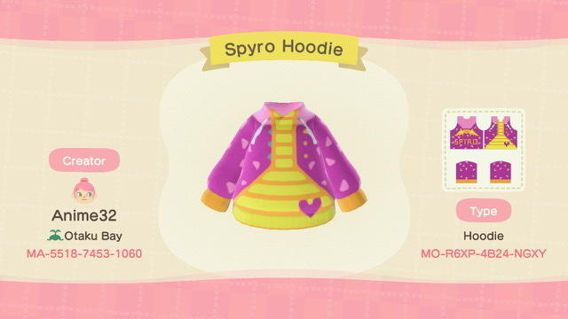 Animal Crossing Design Code: MO-R6XP-4B24-NGXY Spyro Hoodie