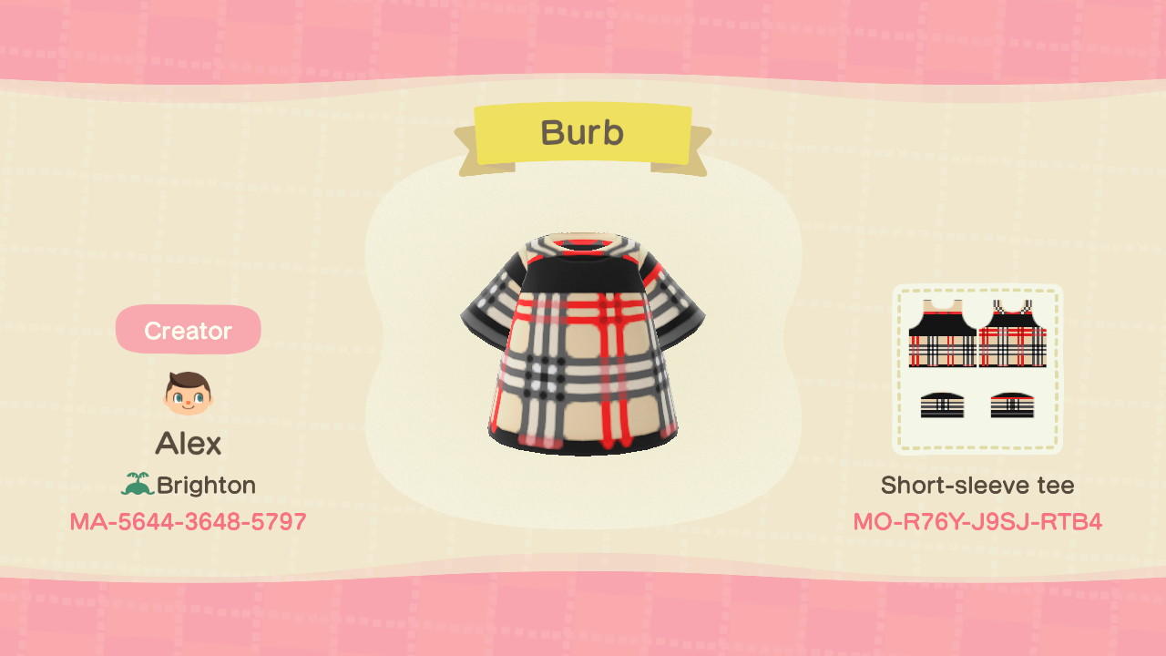 Animal Crossing Design Code: MO-R76Y-J9SJ-RTB4 Burberry Shirt