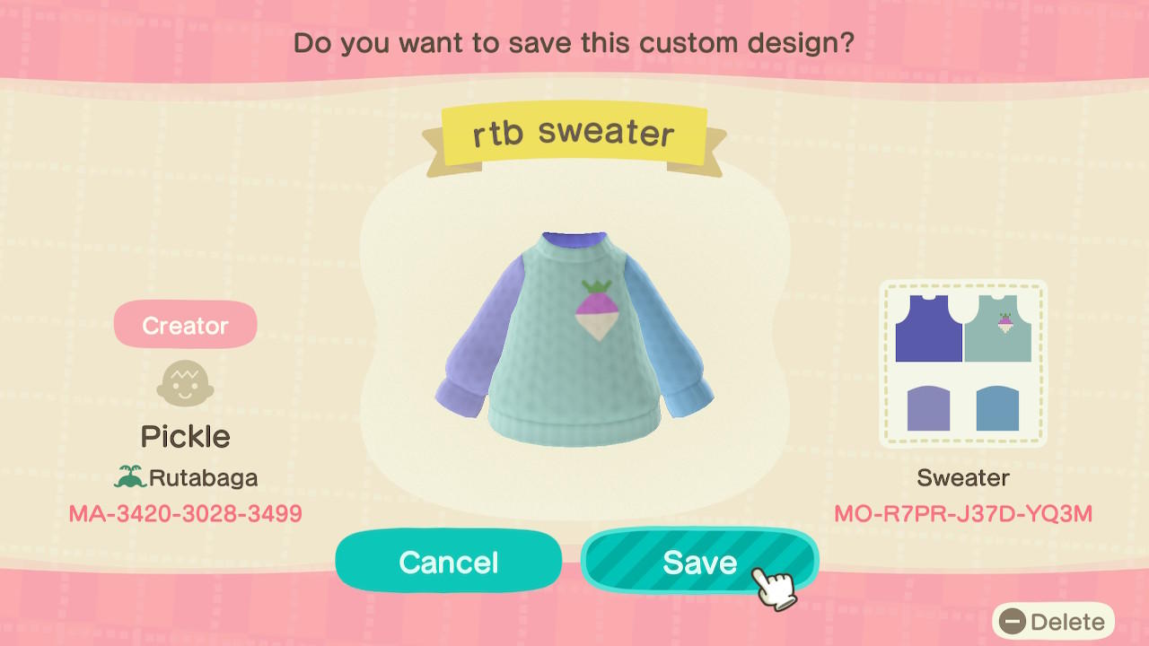 Animal Crossing Design Code: MO-R7PR-J37D-YQ3M rtb sweater
