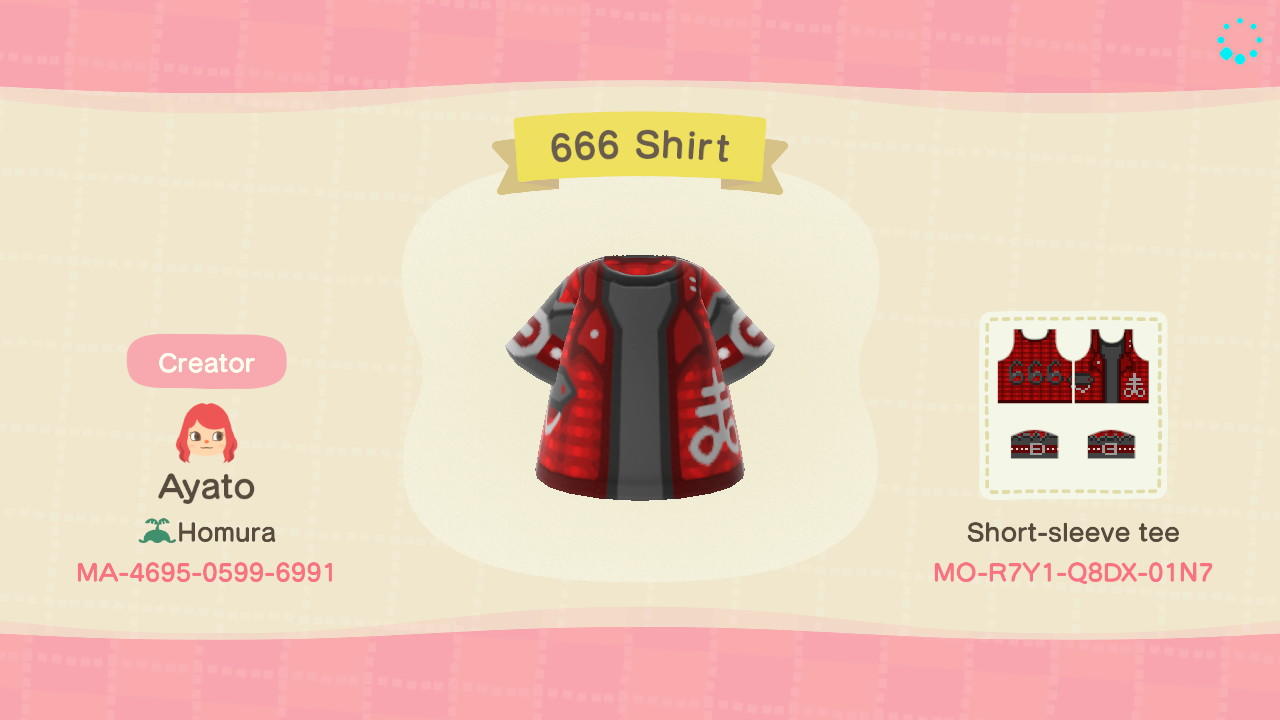 Animal Crossing Design Code: MO-R7Y1-Q8DX-01N7 666 Shirt