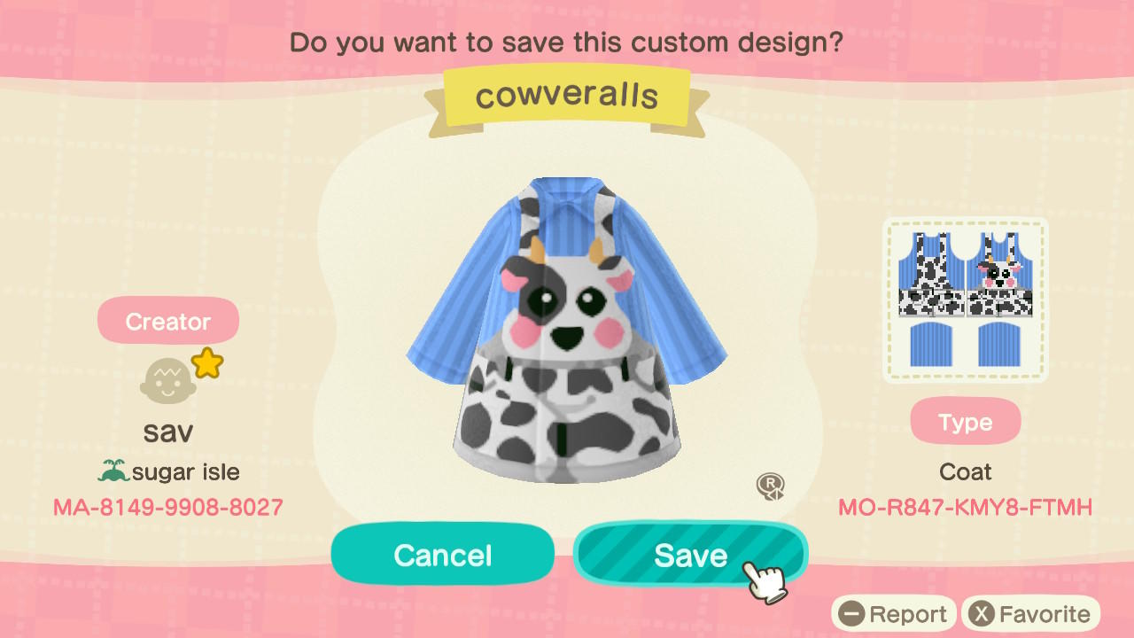 Animal Crossing Design Code: MO-R847-KMY8-FTMH Cowveralls