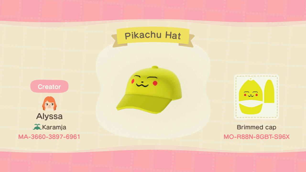 Animal Crossing Design Code: MO-R88N-8GBT-S96X Pikachu Hat