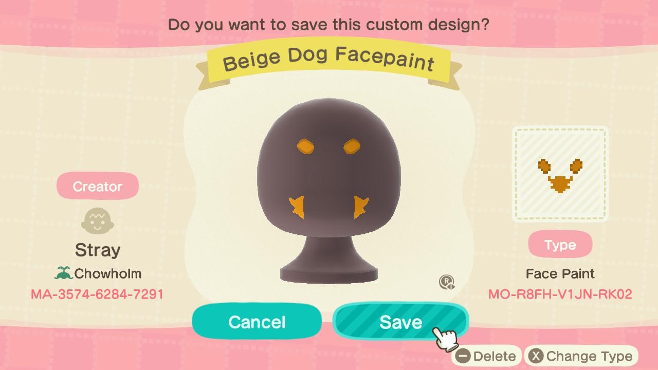 Animal Crossing Design Code: MO-R8FH-V1JN-RK02 B DogNose Facepaint